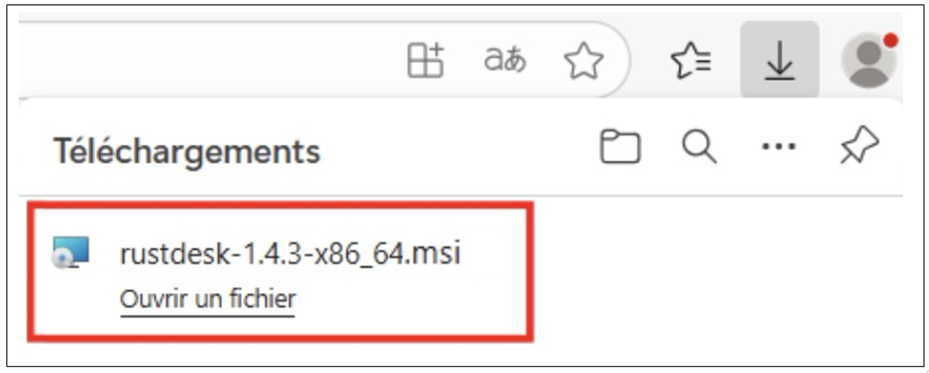 Download view of the browser with RustDesk installer circled