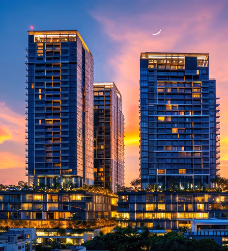 Three modern high-rise buildings at sunset with illuminated windows and a crescent moon in the colorful sky.