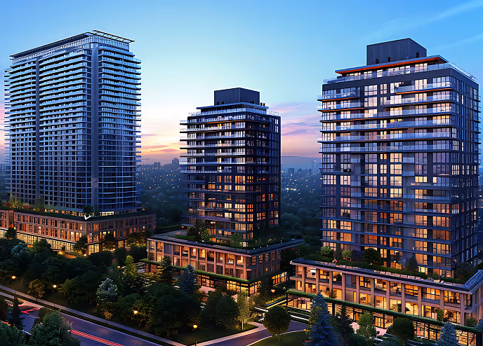 Modern high-rise residential buildings at dusk with illuminated windows and surrounding trees along city streets.