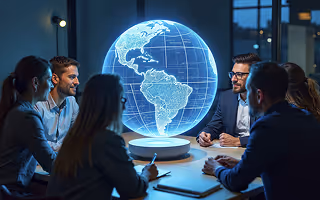 Five people sitting around a table looking at a glowing digital globe hologram displaying the Americas.