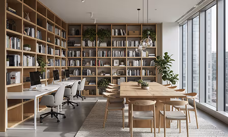 Modern office with wooden bookshelves, work desks with computers, and a large meeting table by floor-to-ceiling windows.
