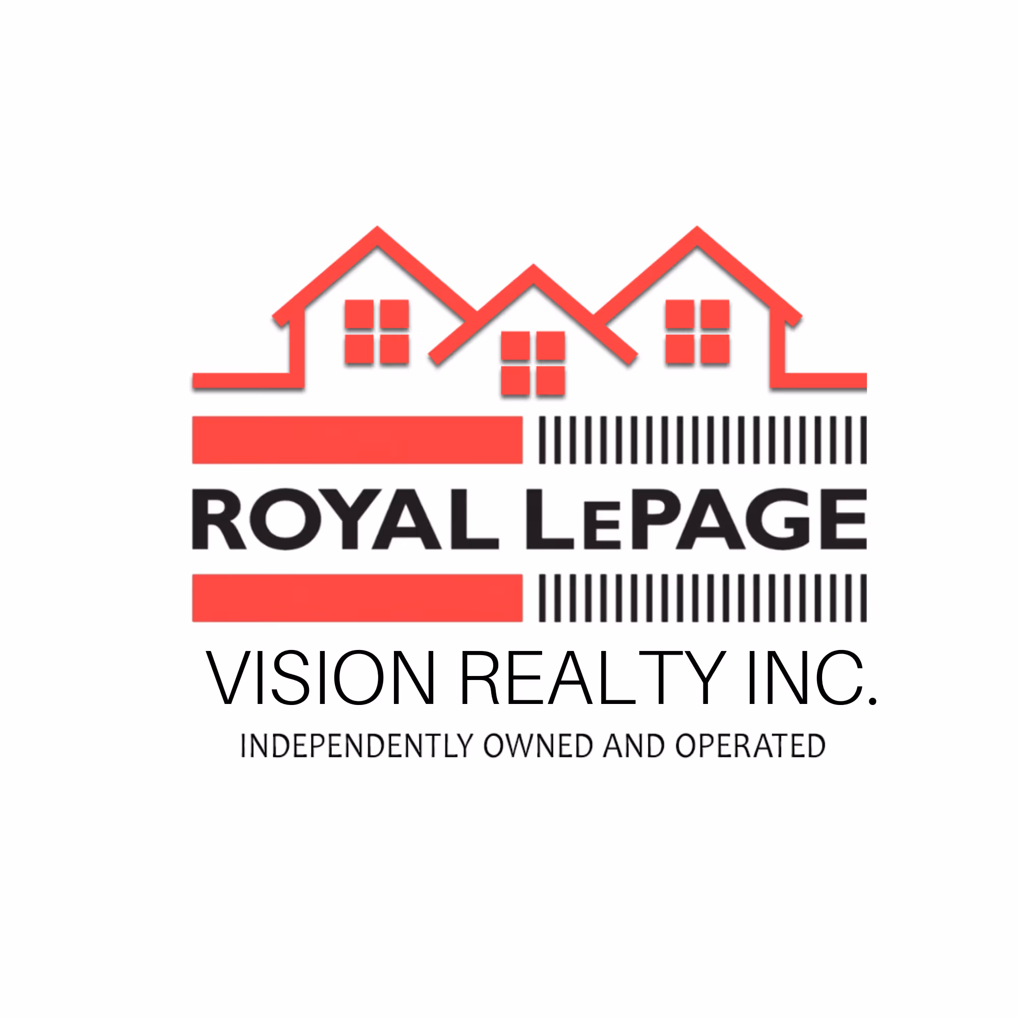Logo of Royal LePage Vision Realty Inc. with three stylized red house roofs and windows above the company name.