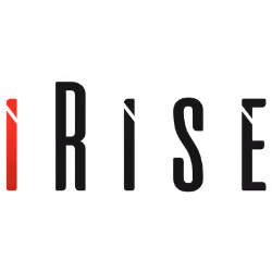 Logo with the word 'RISE' in uppercase letters, where the letter 'I' is stylized with red geometric shapes.