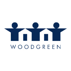 Woodgreen logo featuring three stylized house shapes forming a connected horizontal line with circular heads above each house.