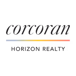 Corcoran Horizon Realty logo with a horizontal gradient line from blue to red beneath the name.