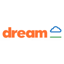 DreamHost logo with the word 'dream' in orange and a blue cloud above a green line.