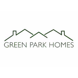 Logo of Green Park Homes featuring three stylized green house roofs above the company name.