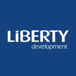 Liberty Development company logo with white text on a blue background.