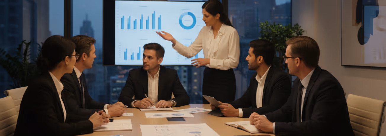 Businesswoman presenting data charts on a screen to five colleagues around a conference table in a modern office.
