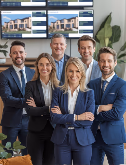 Smiling business team of three men and two women in suits posing confidently inside office.