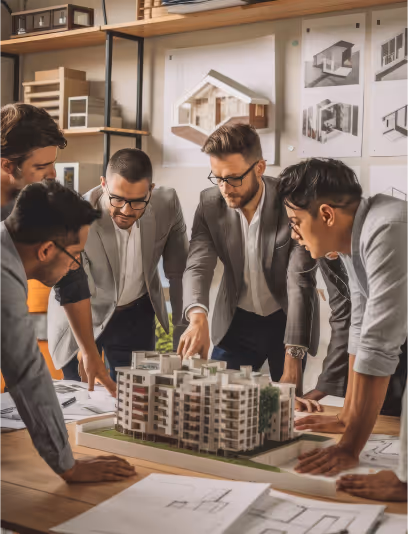 Group of architects and developers discussing a building model and blueprints in an office.