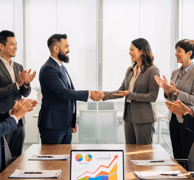 Businesspeople in suits shaking hands and smiling while colleagues applaud in a bright office.