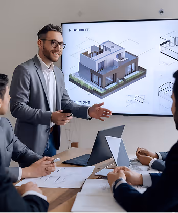 Man in glasses presenting 3D house model on screen to colleagues at a meeting table with laptops.