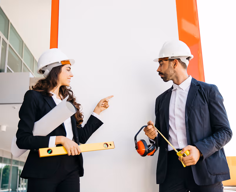 Two architects wearing white helmets holding blueprint and tools discussing a construction project.