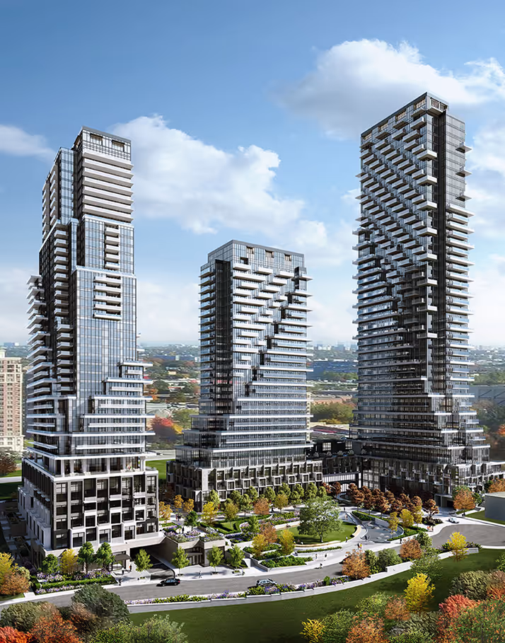 Three modern high-rise buildings with staggered balconies surrounded by green trees and a road.
