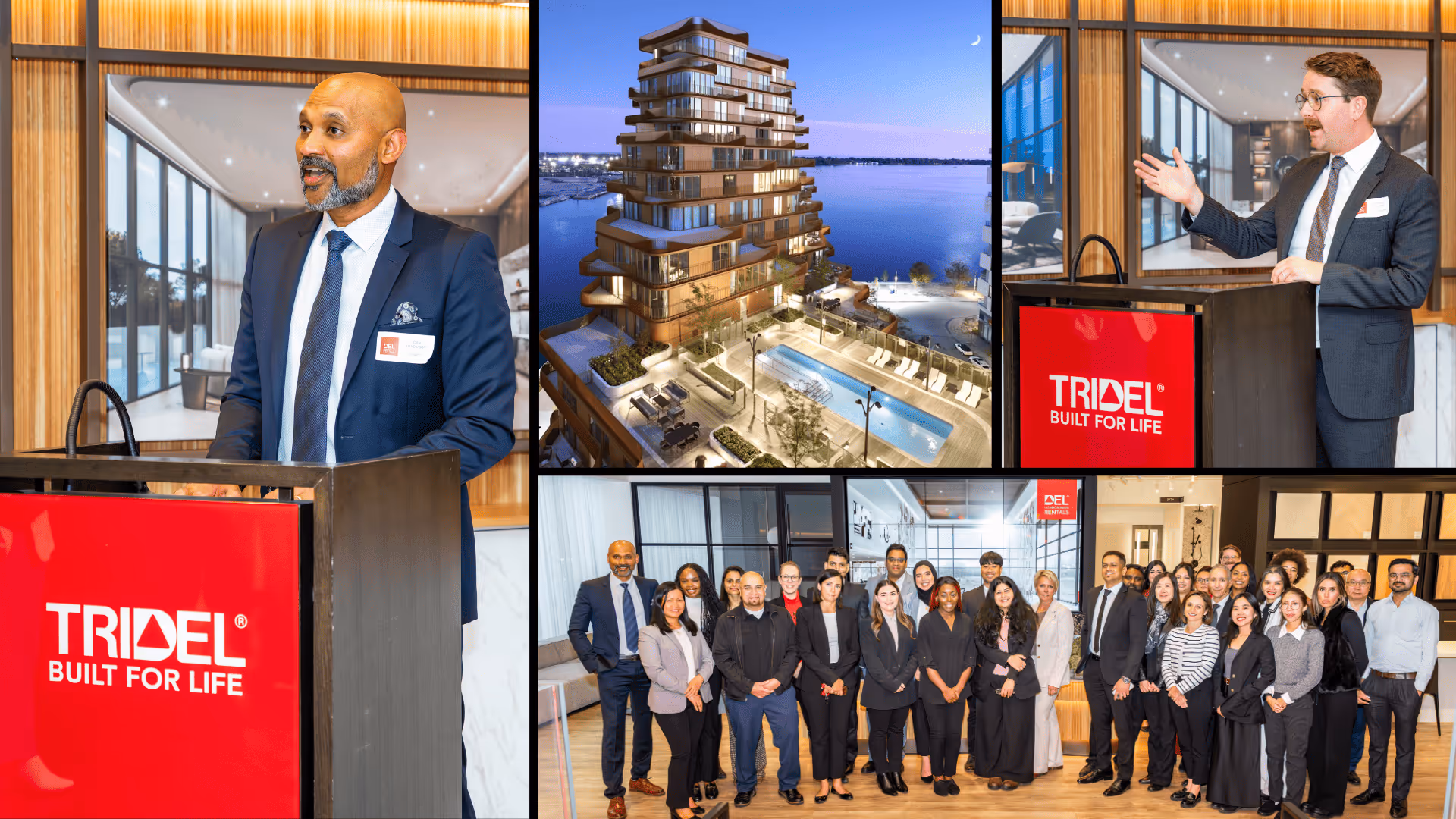 Collage of Tridel speakers, a building with pool at dusk, and a group of diverse professional employees indoors.
