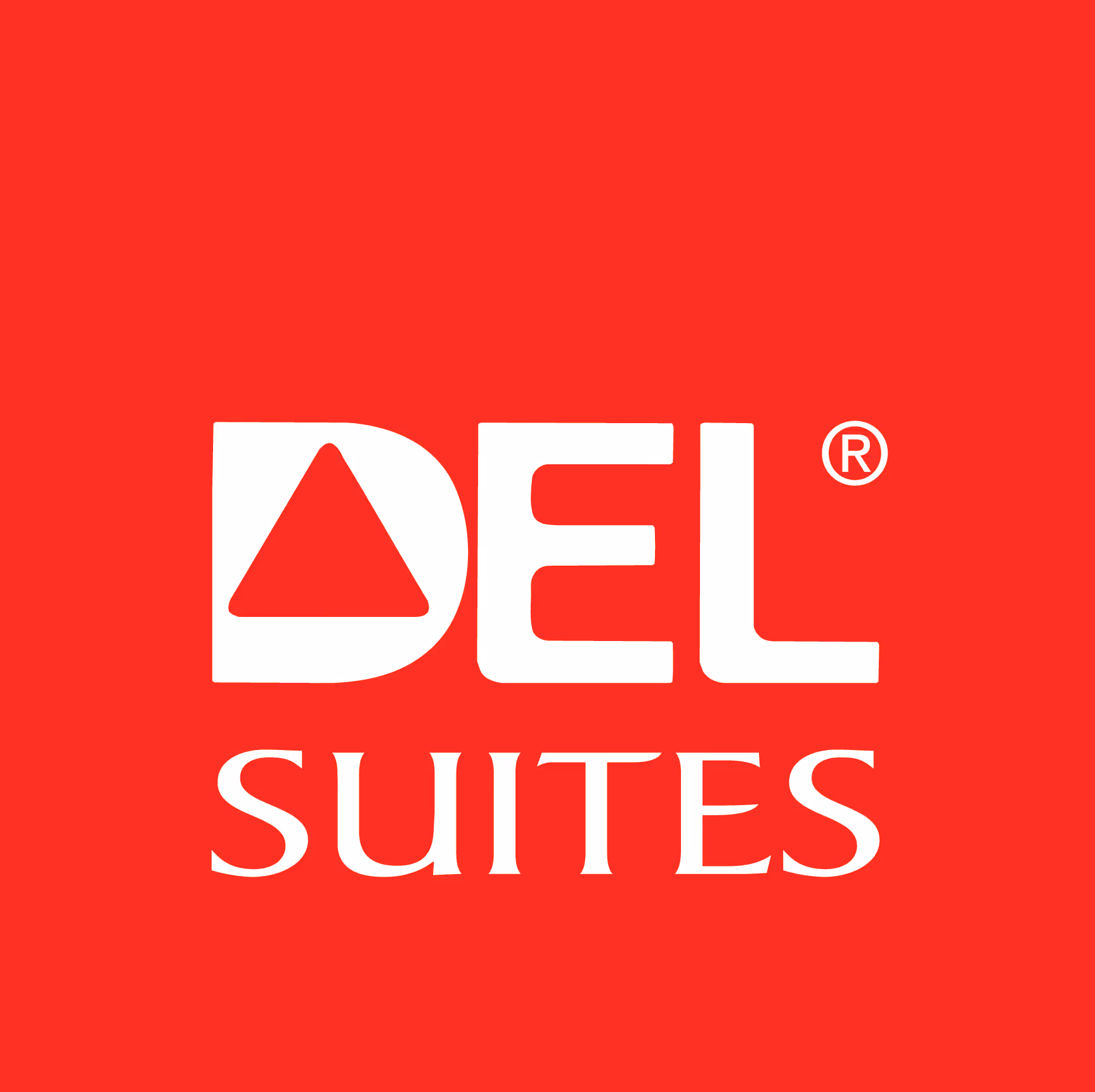 Del Suites company logo with white text on a red background.