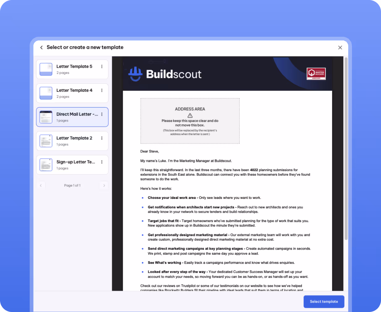 Screenshot of a letter template selection interface showing a Buildscout marketing letter with features about planning submissions, target jobs, and marketing campaigns.