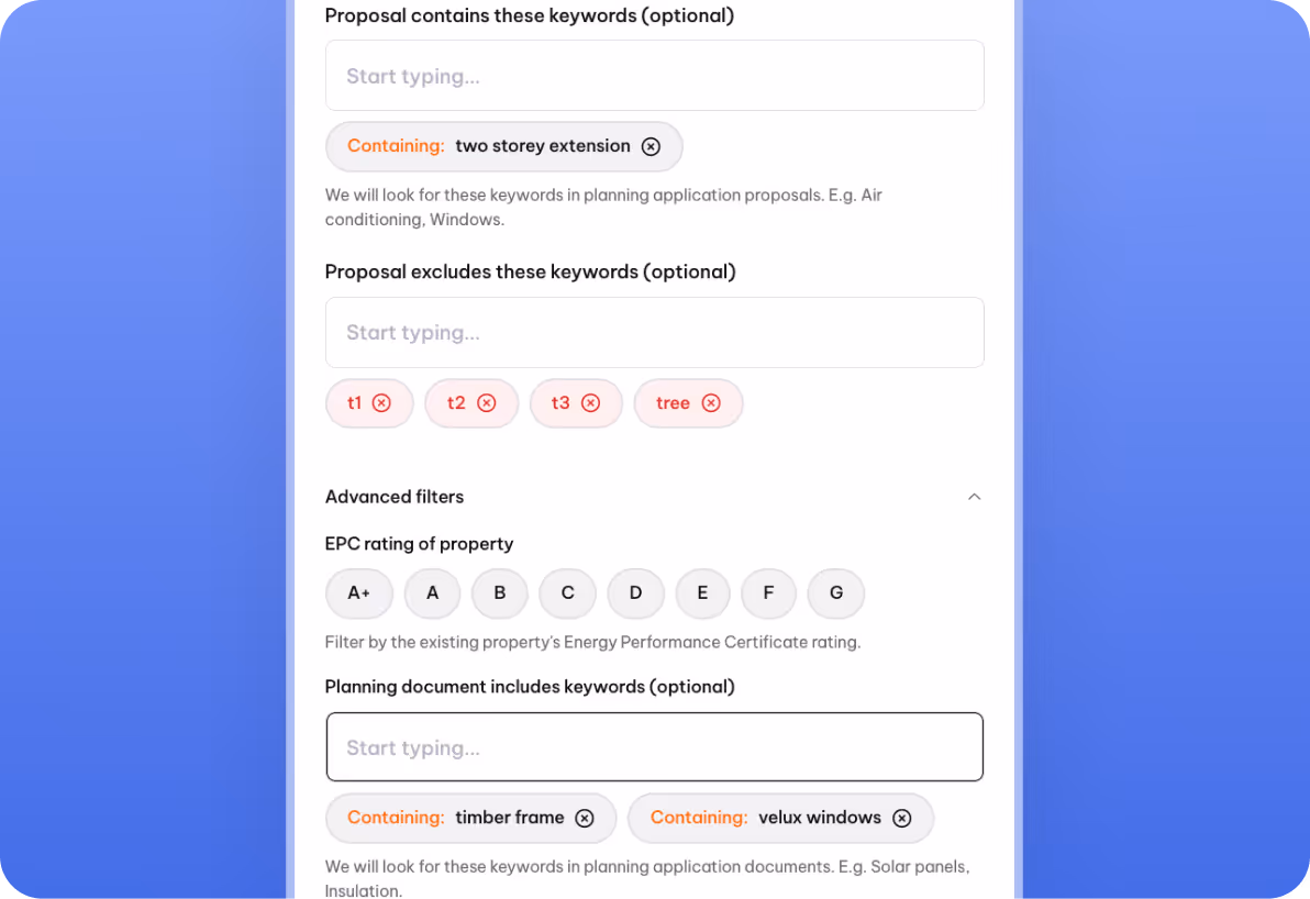 Filter panel for planning proposals showing keyword inclusion 'two storey extension' and exclusion of keywords 't1', 't2', 't3', 'tree', EPC rating filter options from A+ to G, and planning document keywords including 'timber frame' and 'velux windows'.
