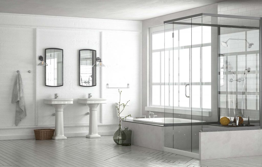 White modern luxury bathroom with double hand basins, mirrors, glass shower and bathtub