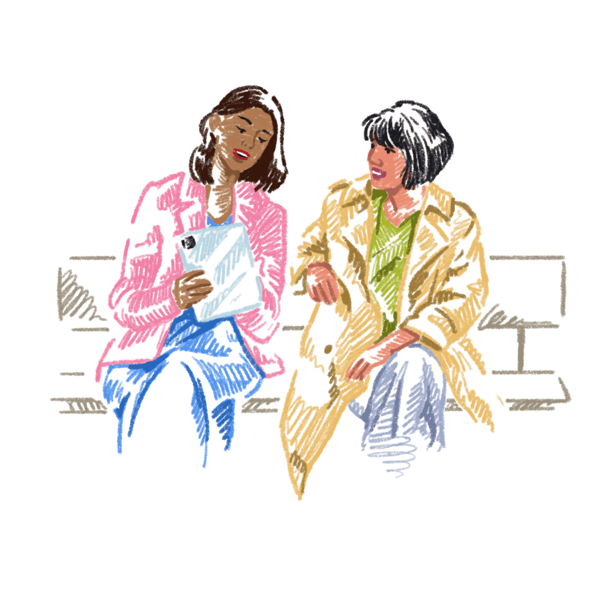 Two women sitting on a bench, one in a pink jacket holding a tablet and the other in a yellow coat smiling and conversing.