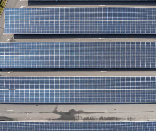 Aerial view of multiple rows of solar panels installed on a flat rooftop.