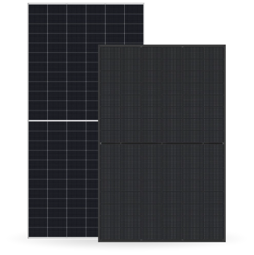 Two solar panels side by side, one with a silver frame and visible grid lines, the other fully black with no visible frame.