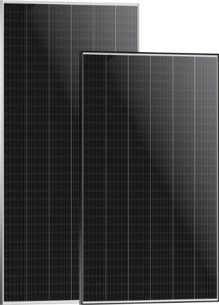 Two black solar panels with silver frames overlapped against a white background.