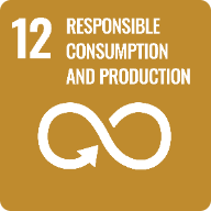 Icon for Sustainable Development Goal 12 representing responsible consumption and production with a white infinity loop and arrows on a mustard yellow background.