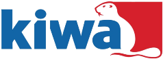 Kiwa company logo with blue text and a red seal illustration.