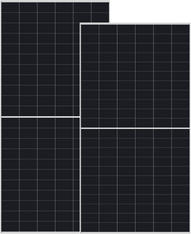 Two overlapping half-cut solar panels with dark cells and silver grid lines in a rectangular frame.