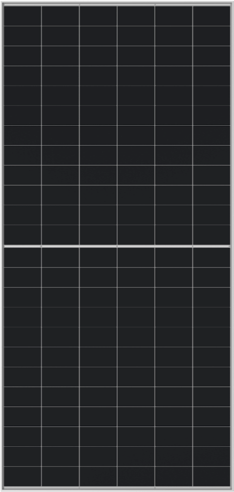 Monocrystalline solar panel with a grid of dark blue-black solar cells divided into two sections by a horizontal silver-colored bar.