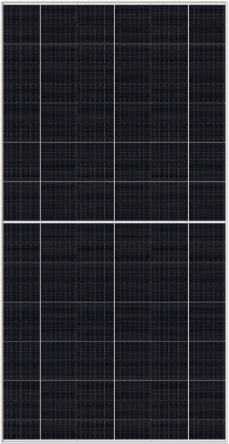 Close-up of a rectangular solar panel with multiple dark blue photovoltaic cells arranged in a grid.