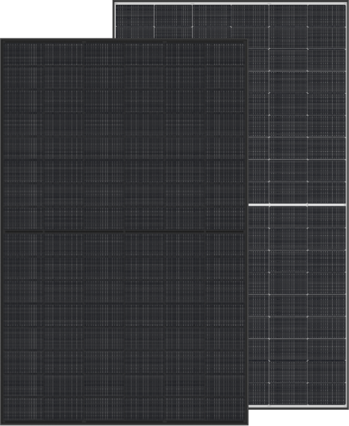 Two dark solar panels with grid-like patterns, one positioned slightly higher and to the right, and the other larger in the foreground.