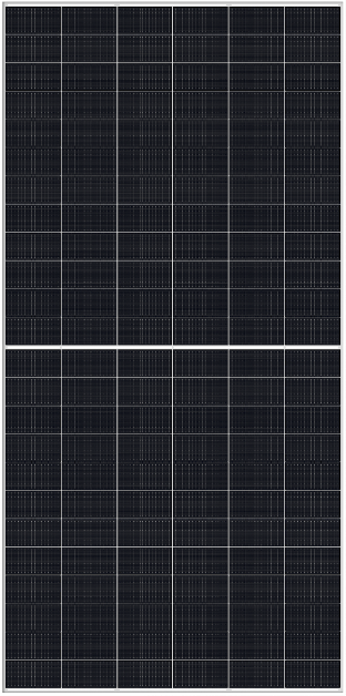 Close-up of a dark blue solar panel with multiple rectangular photovoltaic cells arranged in a grid pattern.