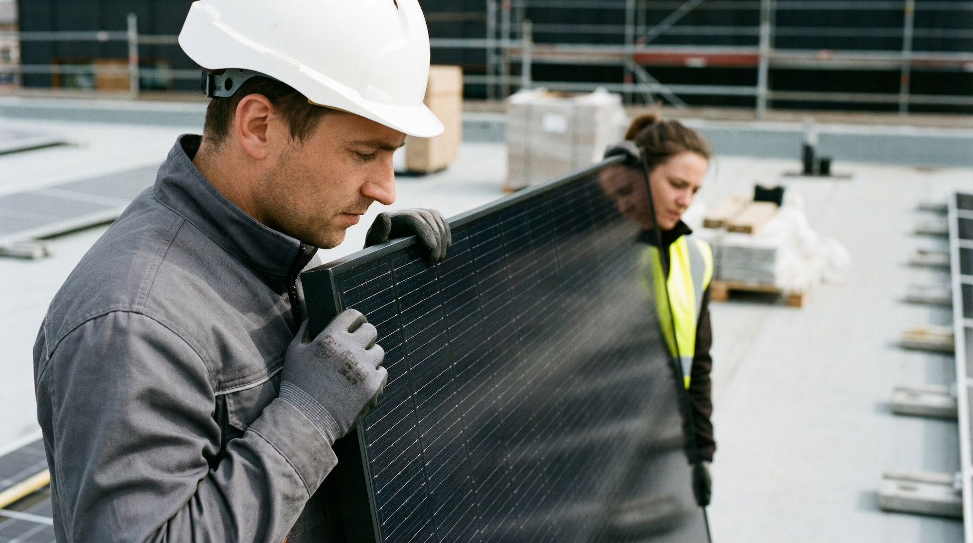 Two solar panel installers wearing safety gear carry a large solar panel on a rooftop.
