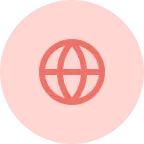 Red globe icon with latitude and longitude lines on a pink circular background.