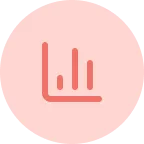 Icon of a bar chart with four vertical bars of varying heights inside a rounded square, on a pink circular background.