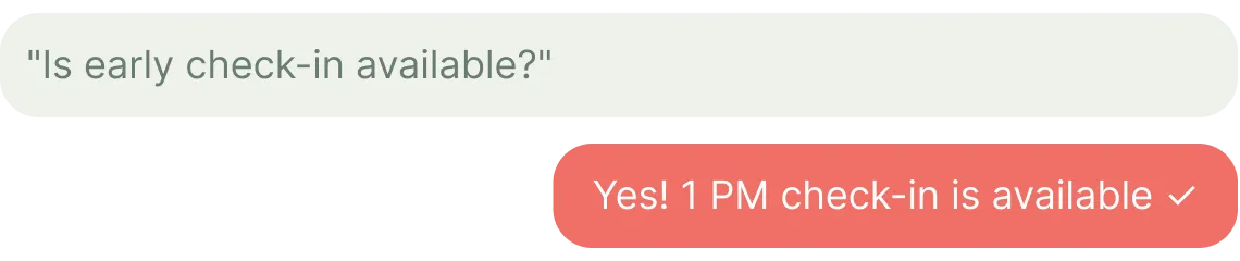 Chat conversation with a message asking 'Is early check-in available?' and a reply confirming 'Yes! 1 PM check-in is available' with a check mark.