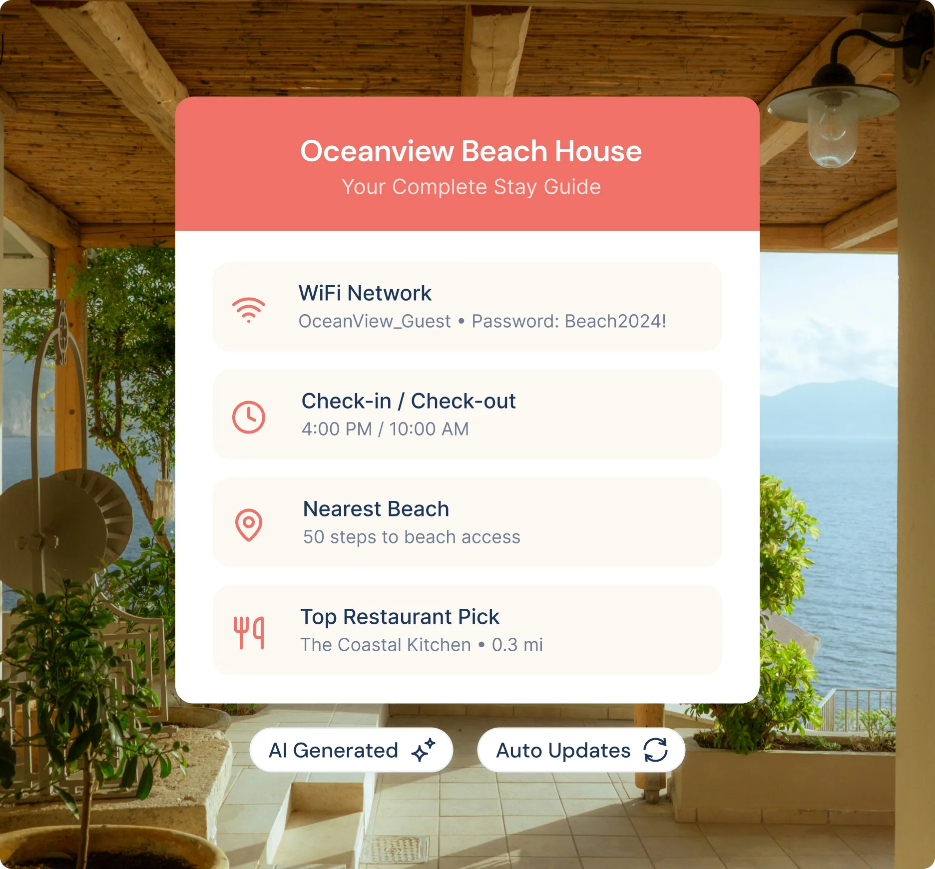 Oceanview Beach House stay guide with WiFi details, check-in/out times, nearest beach access, and top restaurant pick.