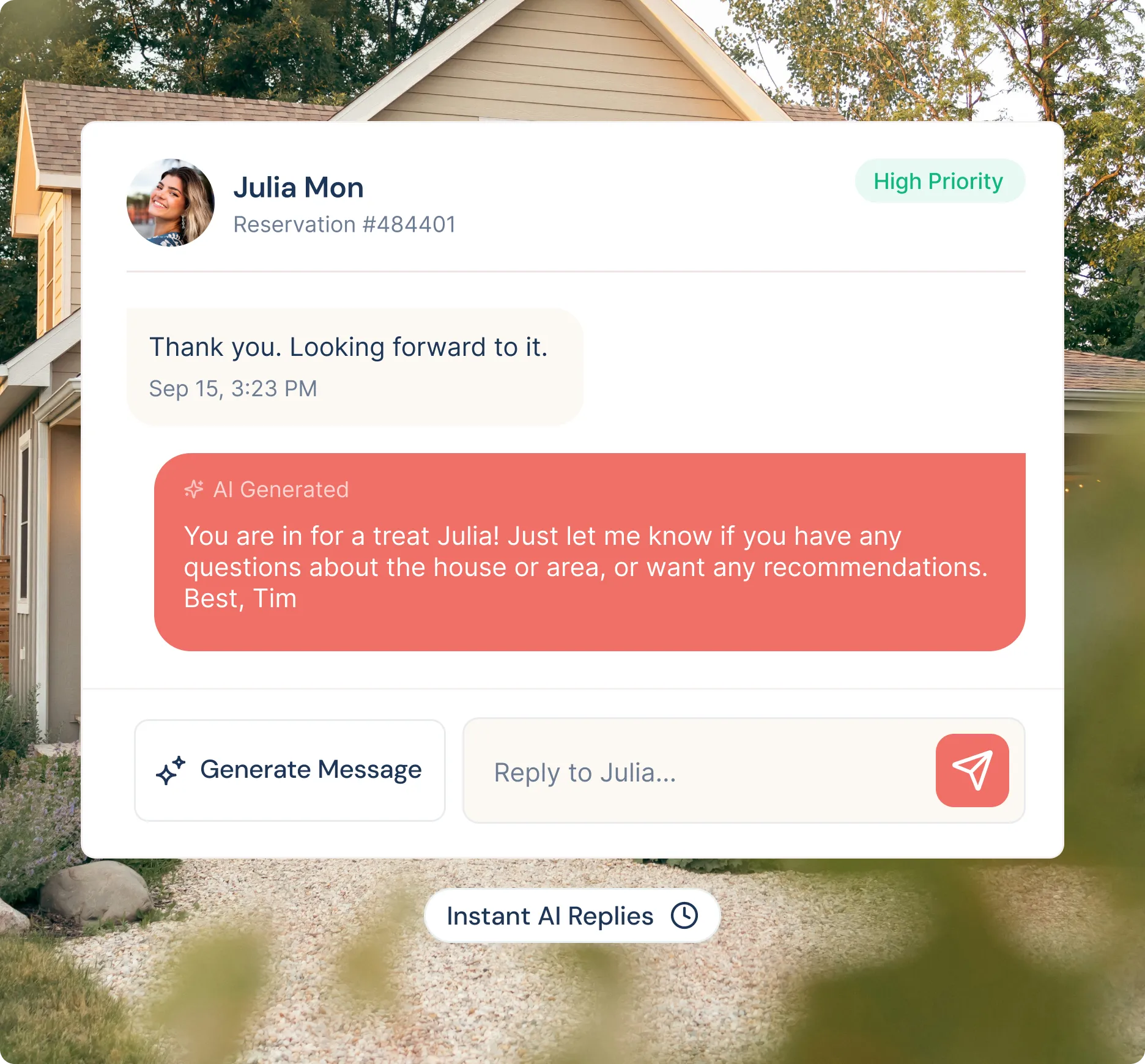 Chat interface showing a conversation with Julia Mon about reservation #484401, featuring an AI-generated reply offering assistance and recommendations.