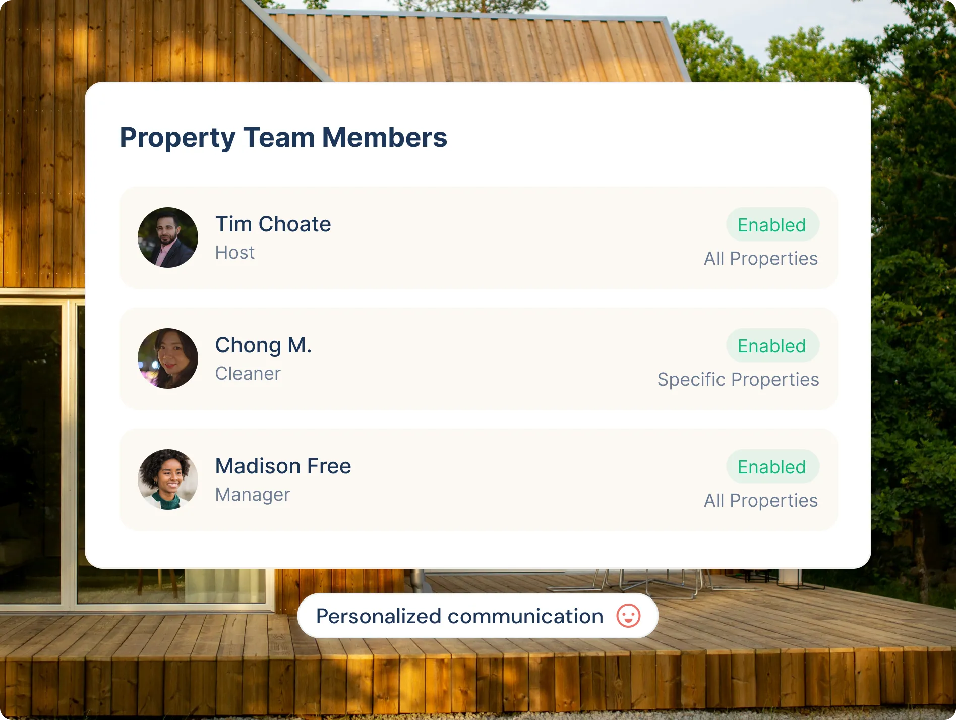 User interface showing Property Team Members with names, roles, profile pictures, and enabled status for each member.