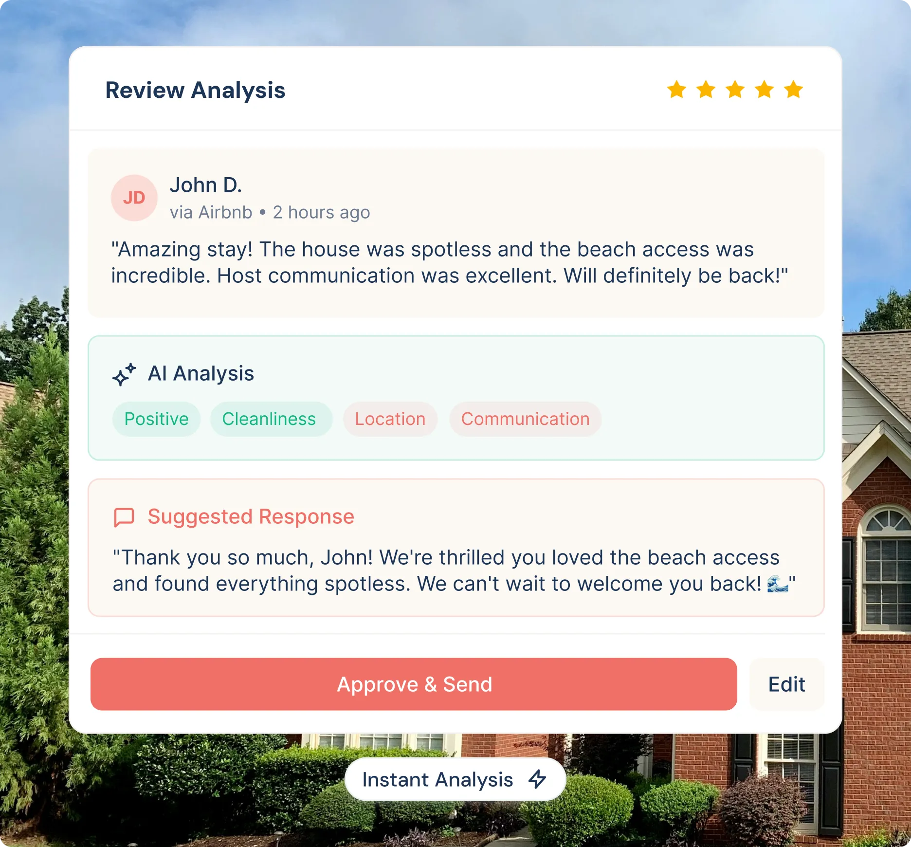 Review analysis interface showing a five-star review by John D. praising house cleanliness and beach access, with AI analysis tags for Positive, Cleanliness, Location, and Communication, and a suggested response thanking the guest.