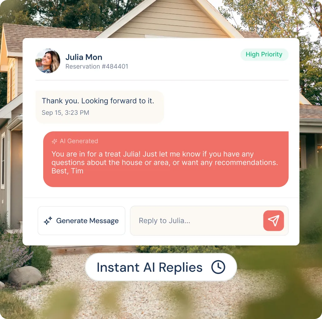 Chat interface showing a message from Julia Mon about a reservation and an AI-generated reply offering assistance with the house or area, tagged as high priority.