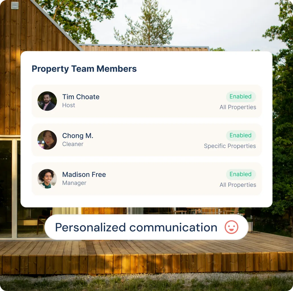 User interface showing Property Team Members with photos, names, roles, and status enabled labels in front of a modern wooden house.