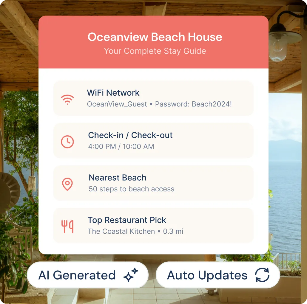 Guesthouse stay guide showing WiFi network OceanView_Guest with password, check-in at 4 PM, check-out at 10 AM, nearest beach 50 steps away, and top restaurant The Coastal Kitchen 0.3 miles away.