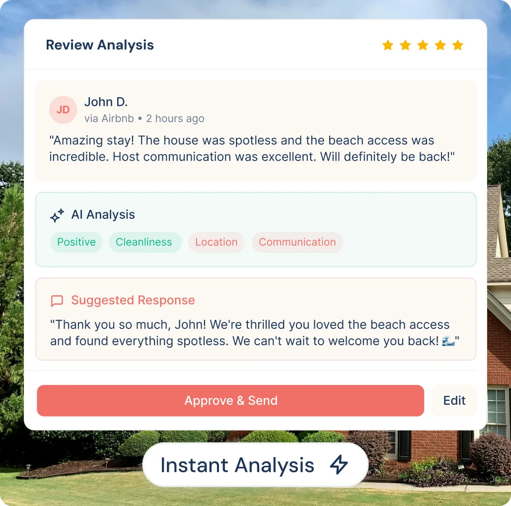 Mobile interface showing a review analysis with a five-star rating, a positive guest review praising cleanliness and beach access, AI tags for sentiment and aspects, and a suggested host response with approve and edit buttons.