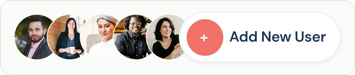 Row of five circular profile pictures of diverse professionals followed by a round red button with a white plus sign and the text 'Add New User'.