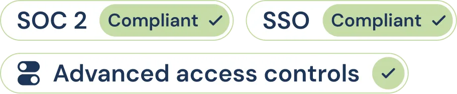 Badges showing SOC 2 compliant, SSO compliant, and advanced access controls enabled.