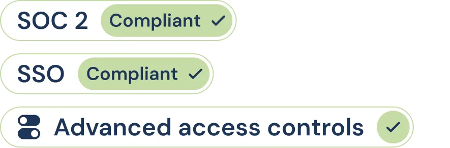 Labels indicating compliance with SOC 2 and SSO, and an advanced access controls feature enabled.